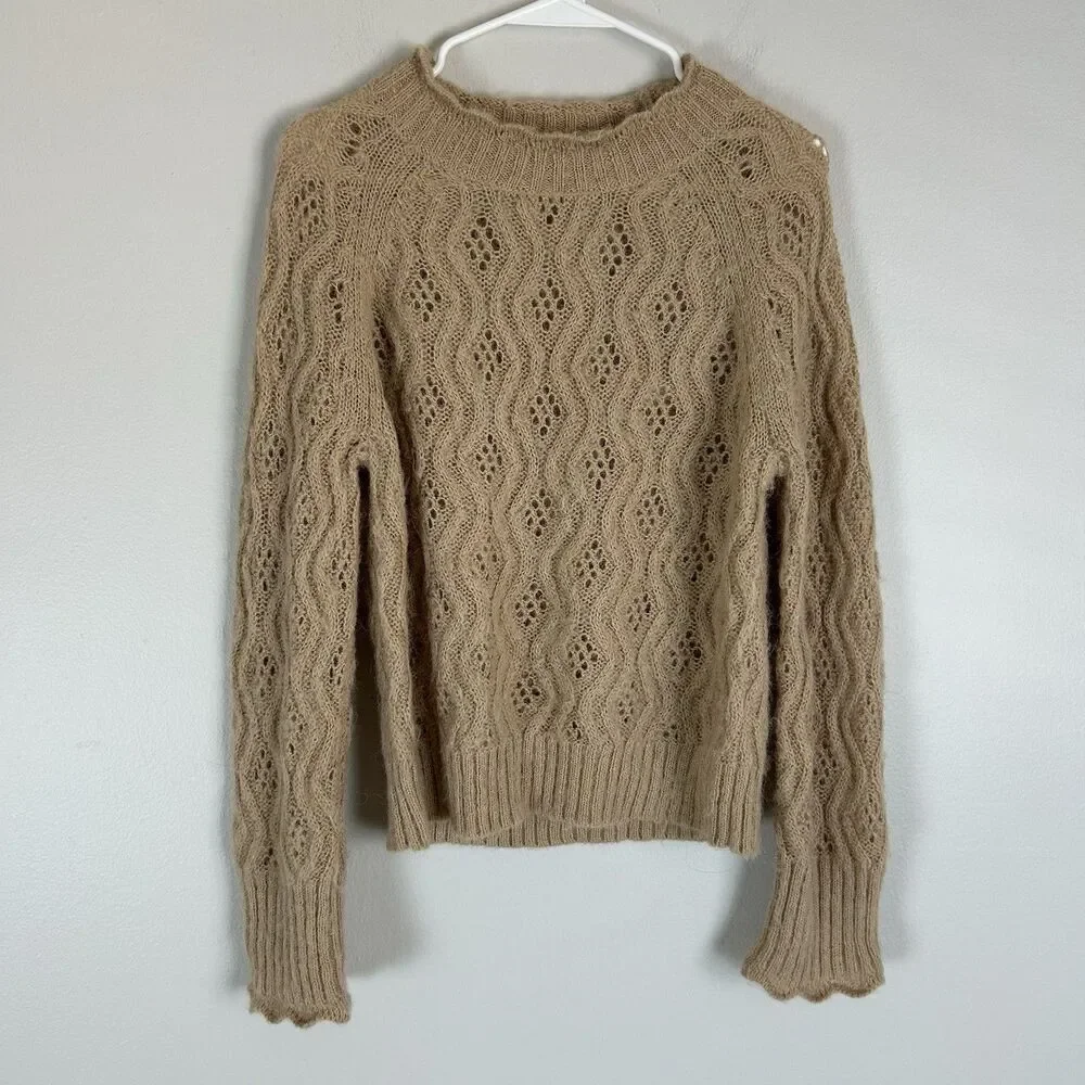 J.crew S Pointelle Sweater Alpaca Wool Camel Tan Scallop Fisherman Quiet Luxury